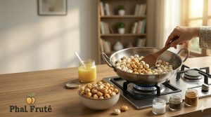 “Roasting Phalfrute makhana in a pan at home, crispy roasted fox nuts healthy snack India”