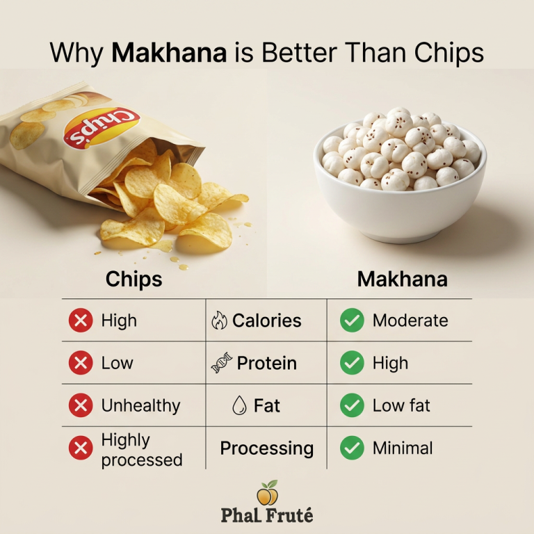 “Makhana vs chips comparison showing makhana as a healthy snack alternative with low fat, high protein, and minimal processing by Phalfrute”