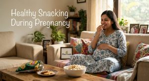“Pregnant Indian woman eating Phalfrute makhana at home, healthy snack during pregnancy India”