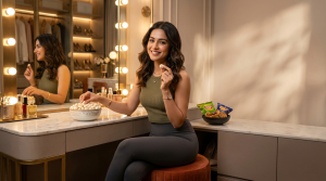Indian woman enjoying Phalfrute makhana in a luxury dressing room, choosing healthy snack over junk food