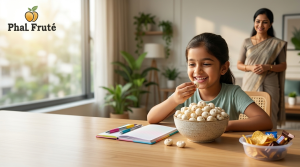“Indian child eating Phalfrute makhana at home while avoiding junk food, healthy snack for kids in India”