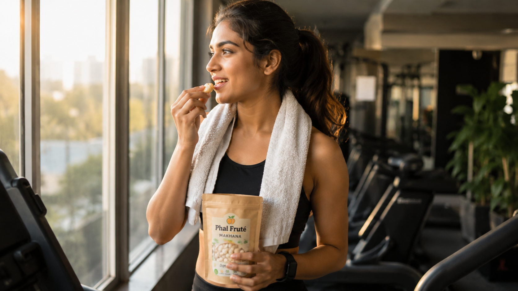 A young Indian woman in gym wear stands near a sunlit gym window after a workout, enjoying makhana from a Phal Frute snack pack. She has a towel around her neck and a relaxed smile, while gym equipment is softly blurred in the background. The warm morning lighting creates a healthy and refreshing lifestyle atmosphere.